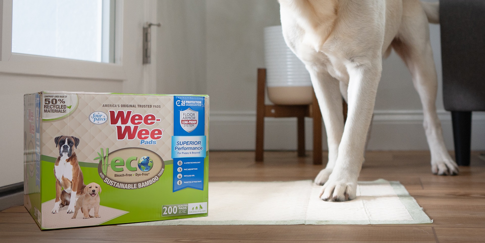 Wee-Wee Pads with sustainable bamboo tissue.