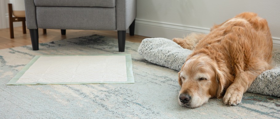 Senior Golden Retriever dog sleeping next to a Wee-Wee pad