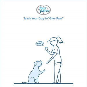 woman saying paw command to dog 