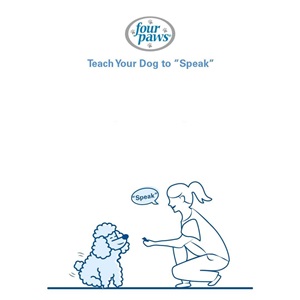 woman giving dog treat and saying speak command  