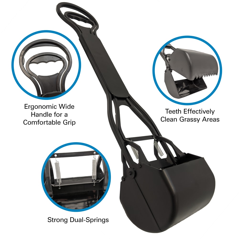Spring-Action Scooper for Grass infographic.