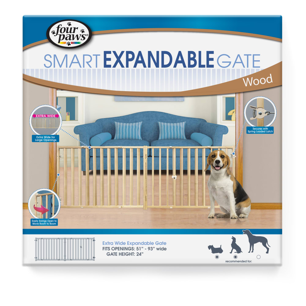 Front view of Four Paws Extra Wide Expandable Dog Gate 93in in packaging