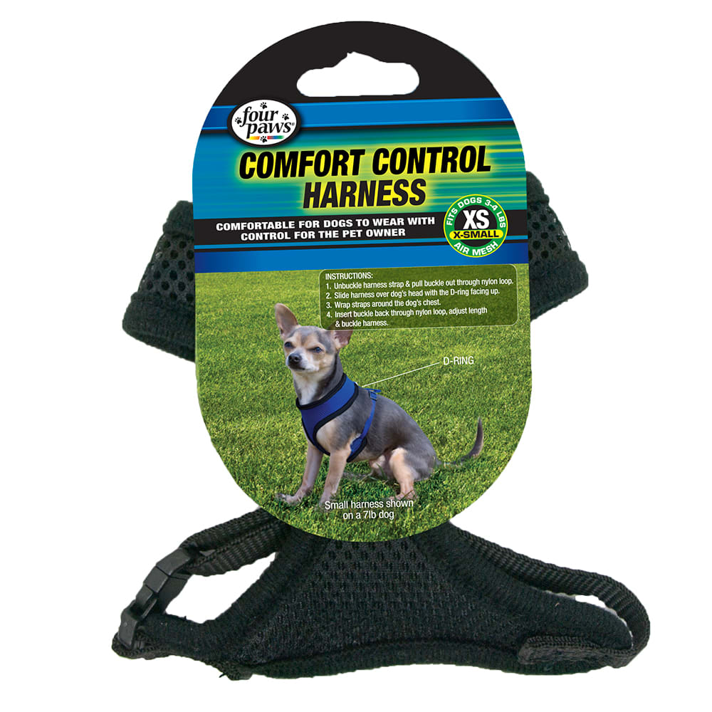 Front view of Four Paws Comfort Control Harness Black in packaging