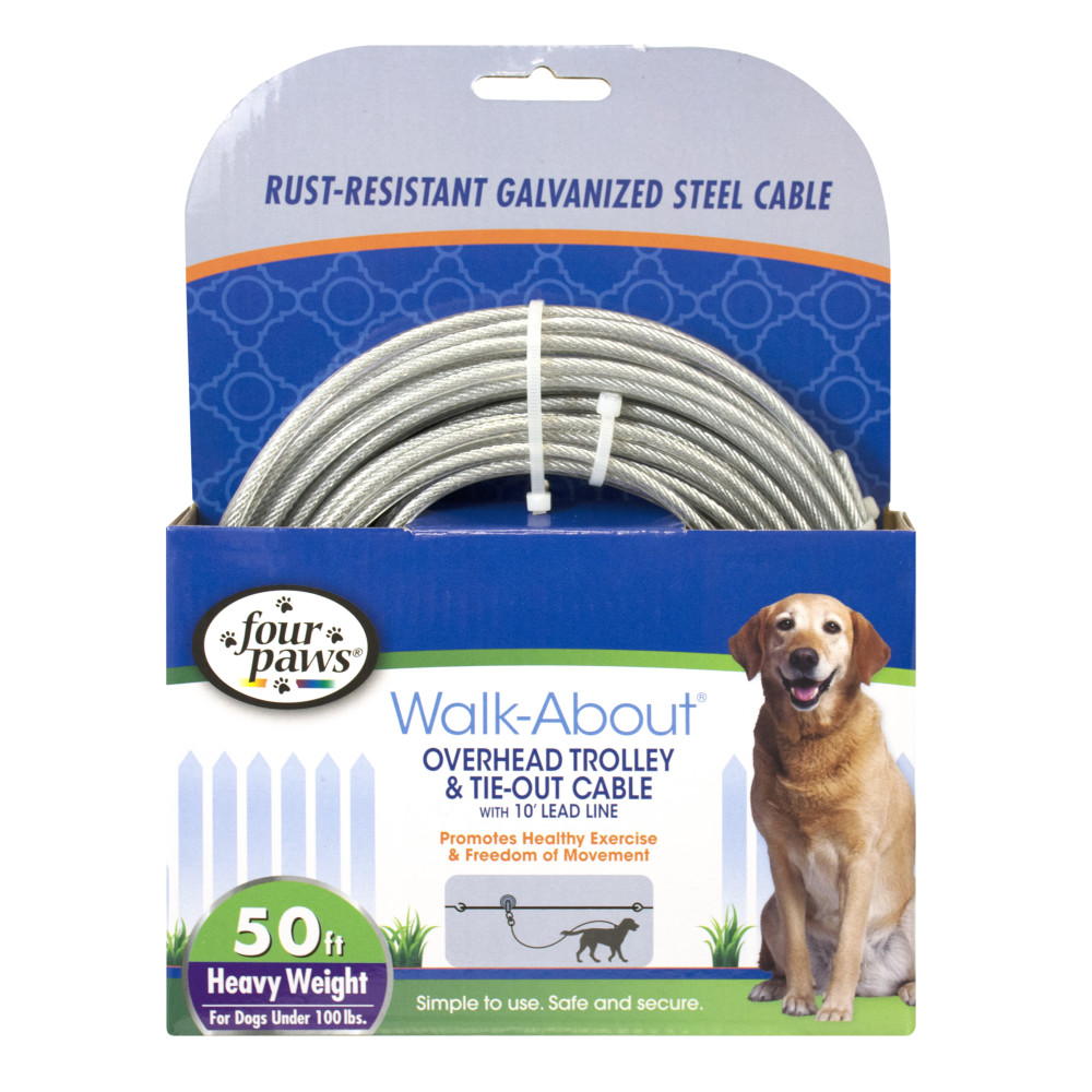 Front view of Four Paws Heavy Weight Dog Run Cable Silver Feet In Packaging Front in packaging
