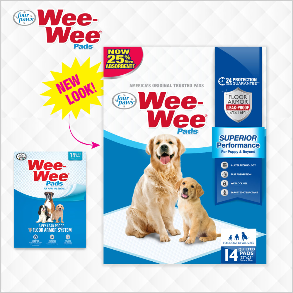 Old vs new graphic for Four Paws Wee Wee Pads 24hr Count 12ea Four Paws