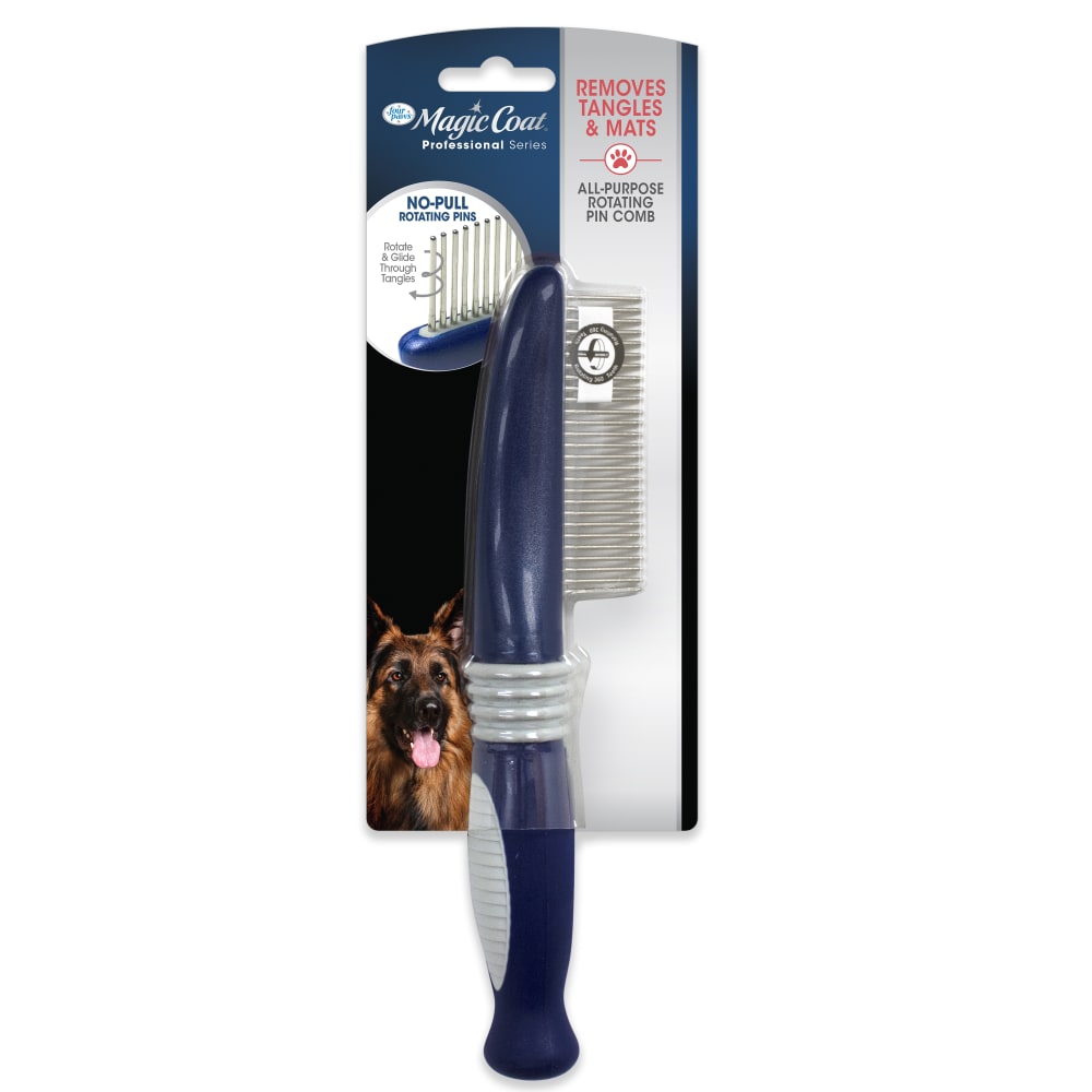Front view of Four Paws Magic Coat Professional Series Rotating Pin Comb in packaging