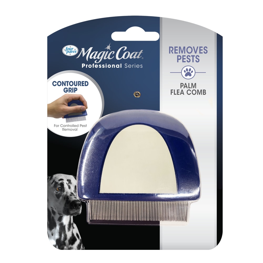 Front view of Fourpaws Professional Series Palm Flea Comb in packaging