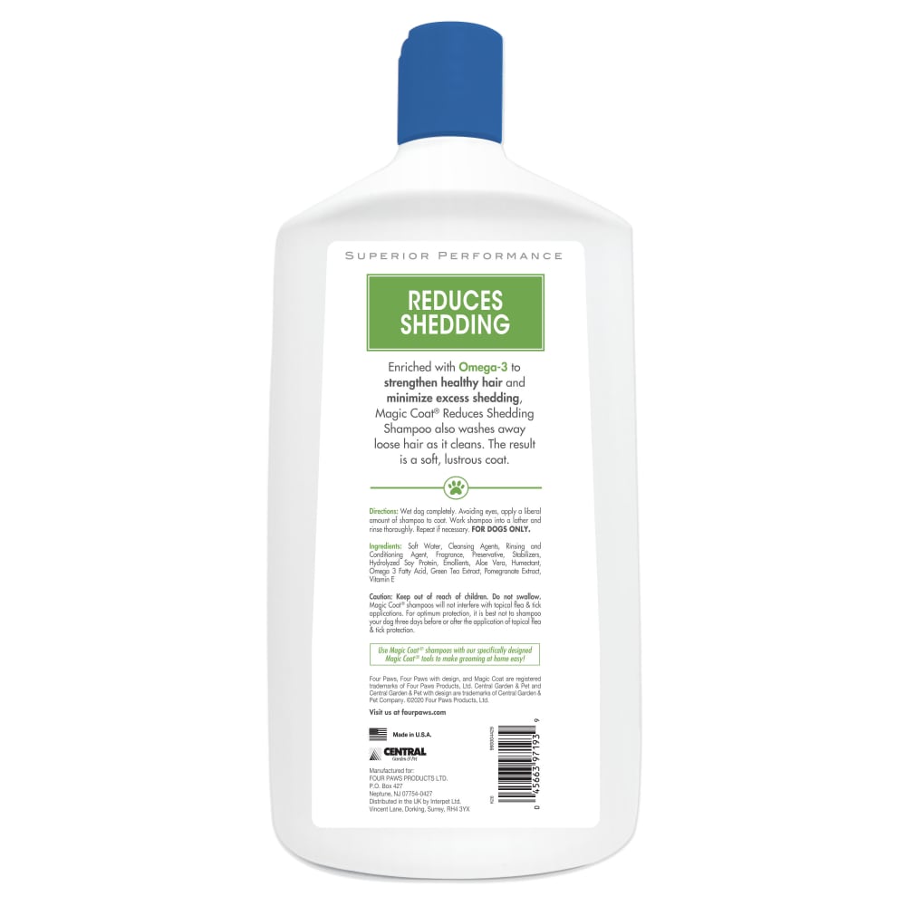Back view of Four Paws 32oz Reduces Shedding Shampoo in packaging