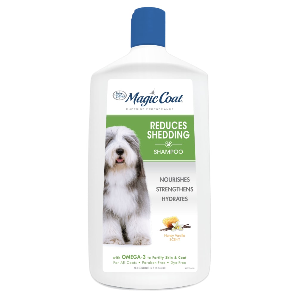 Front view of Four Paws 32oz Reduces Shedding Shampoo in packaging