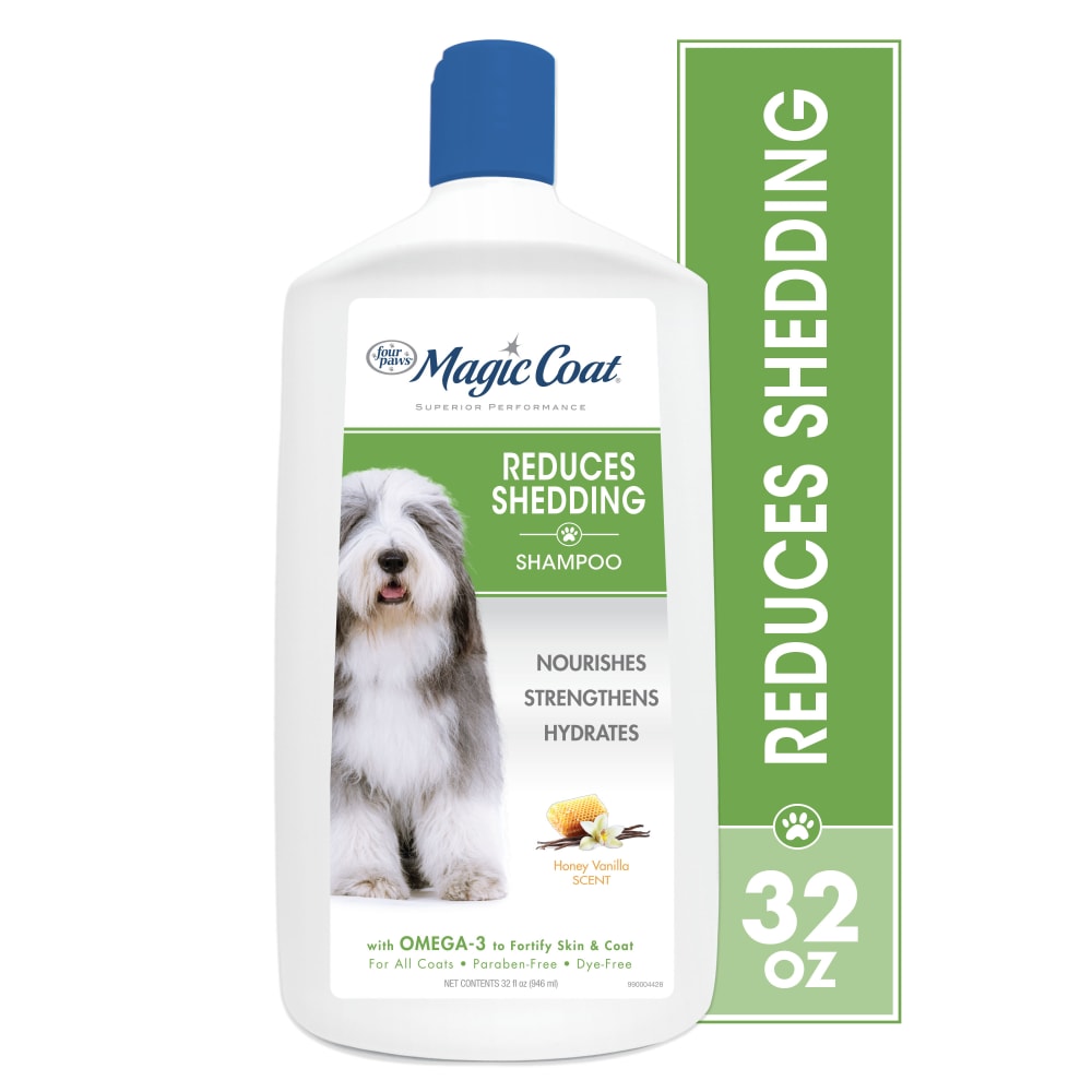 Front view of Four Paws 32oz Reduces Shedding Shampoo Inpackagingfronthero in packaging