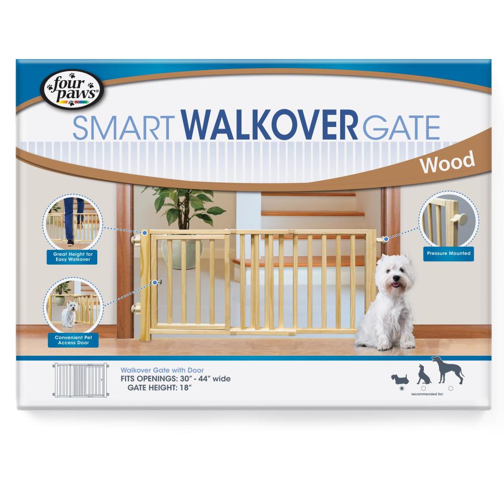 045663572181_Four Paws_Walkover Wood Dog Gate with Door 30-44in_InPackagingFront