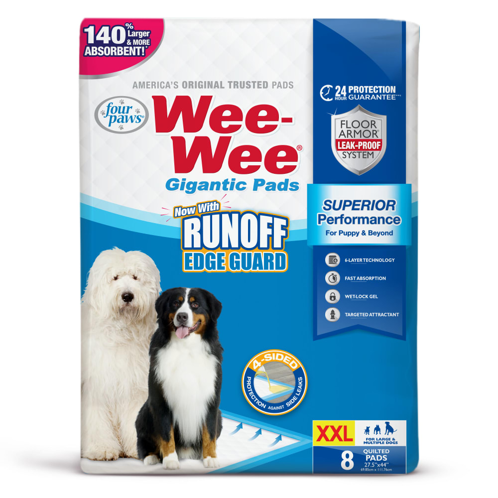 Front view of Four Paws Wee Wee Gigantic Barrier Edge Pads 8ct in packaging