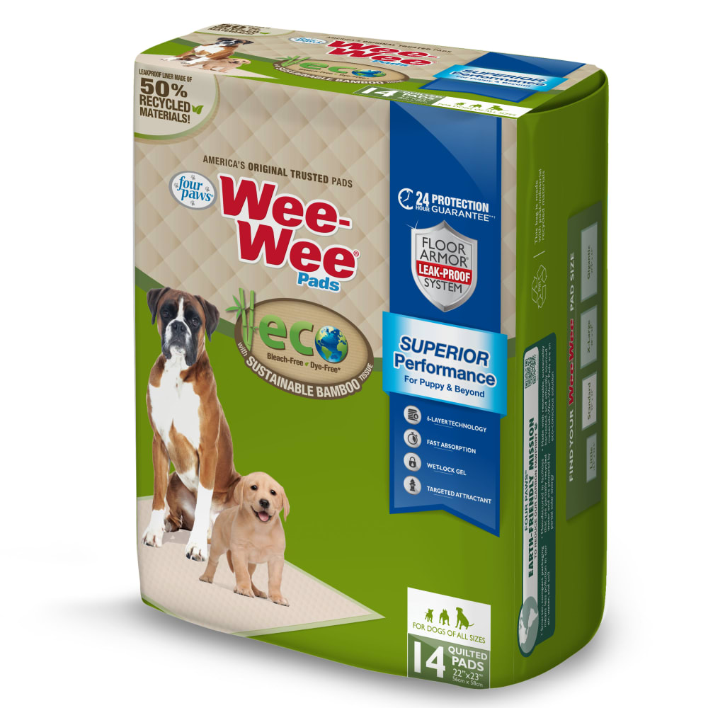 Side view of Four Paws Wee Wee Eco Friendly Pads With Bamboo 14ct in packaging